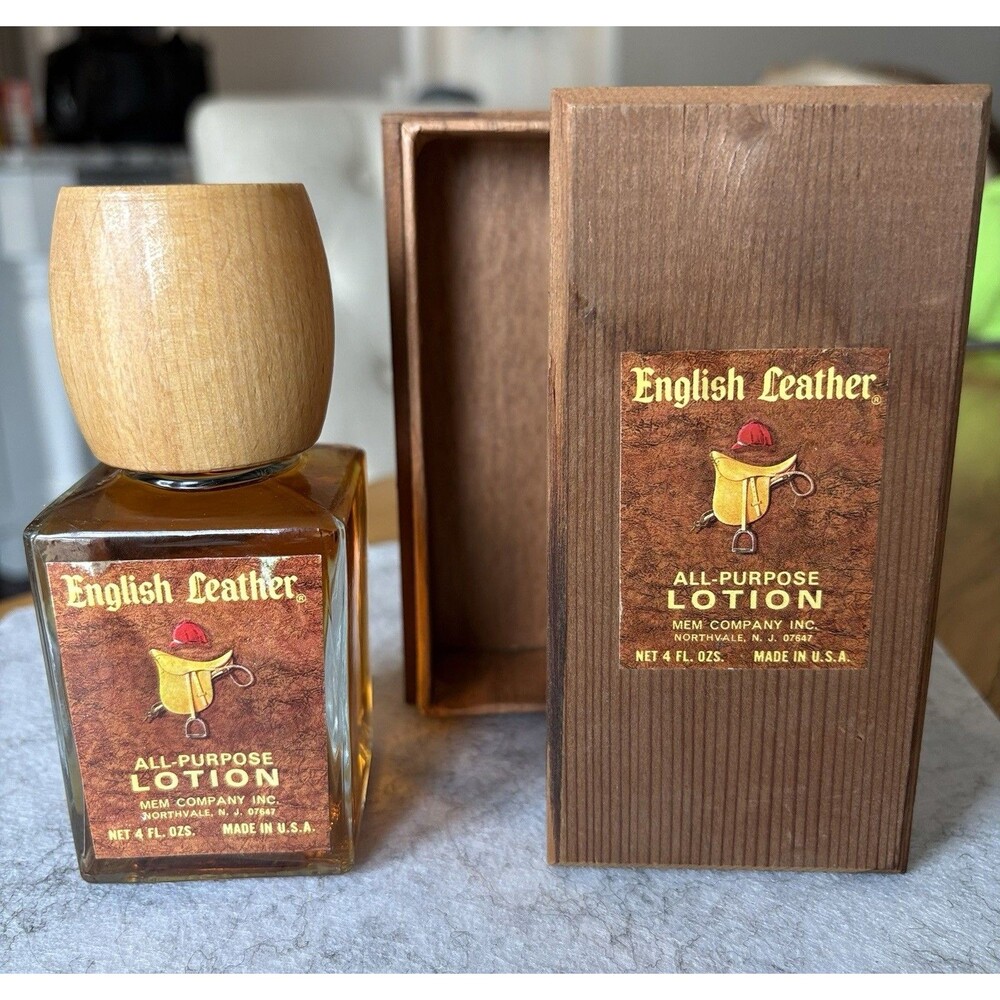 English Leather All-Purpose Lotion 4 Oz MEM Co Wooden Box Wood Cap USA Vintage